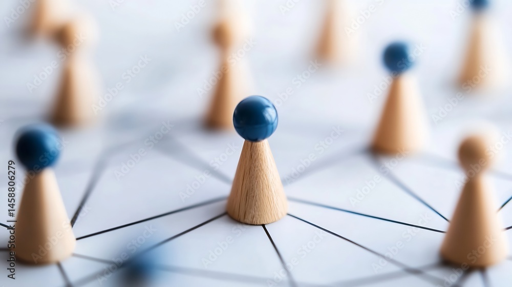 Aufkleber Abstract network visualization with wooden cones and blue spheres, representing connections and communication in a business or social context.  The image uses a shallow depth of field  : Generative AI