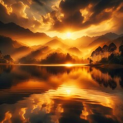 Golden reflections dancing on a lake as the sun sets behind dist