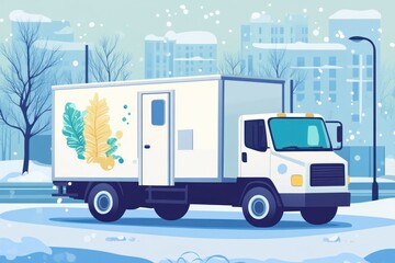 White delivery truck on snowy city street.