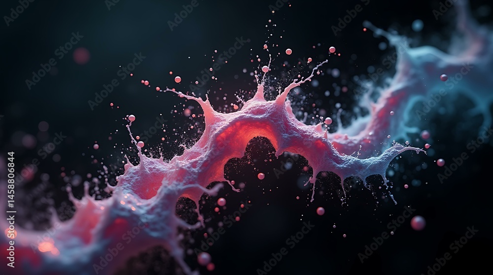 Poster abstract pink and blue liquid splash with small droplets on a dark background. dynamic liquid collis