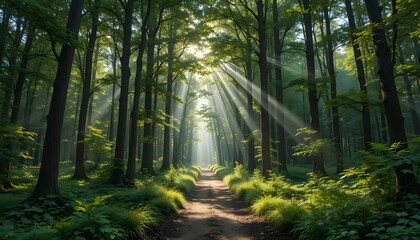 Obraz premium Walking Path Through Forest with Sunlight Streaming Through the Trees