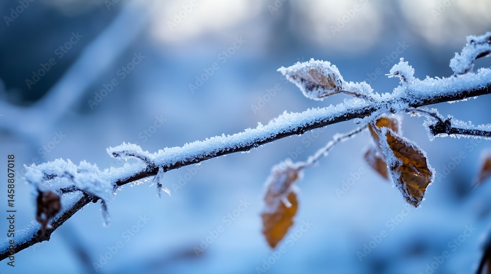 Poster a snow-covered branch with frost-laden leaves, showcasing a delicate winter scene. the image feature