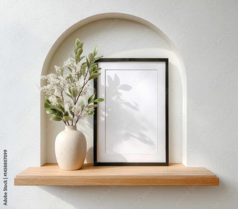 Poster minimalist shelf display with a vase of greenery and an empty picture frame in a wall niche.