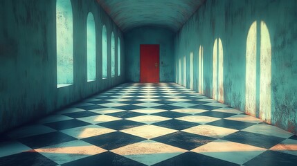 Fototapeta premium Eerie hall with checkered floor red door
