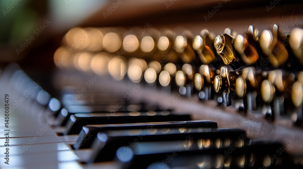 Poster close-up view of a pipe organ's keys and stop knobs, showcasing the intricate details and warm light