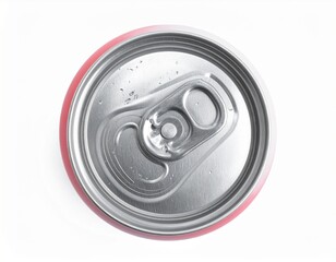 Top view of a metal can. Showing ring pull, condensation, and red-colored can edge, on a white background