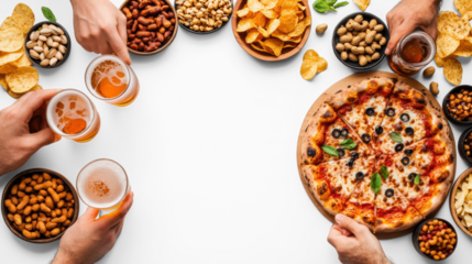 Beer and Snacks with Pizza on Transparent Background