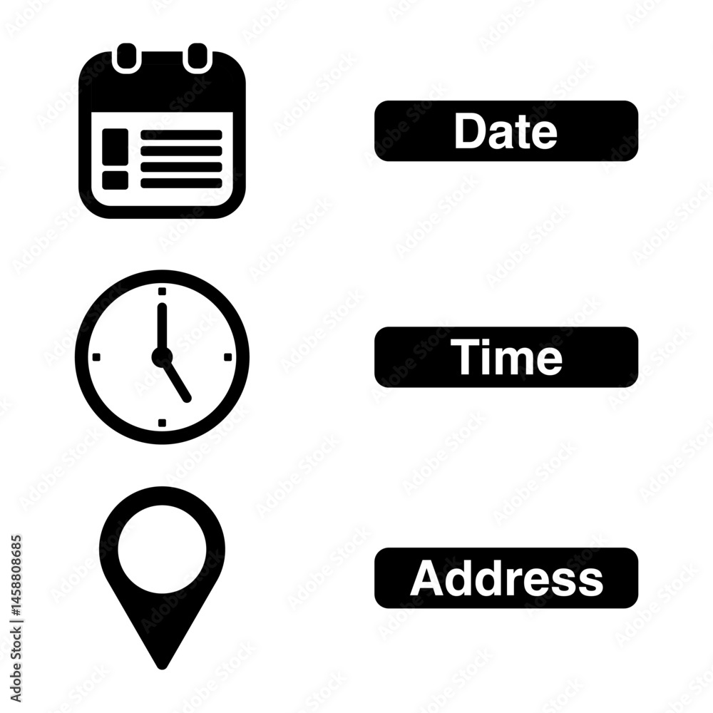 Poster time, date and address symbol set isolated on transparent background