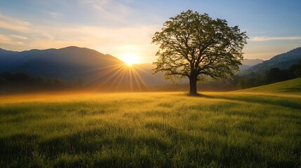 Fototapeta premium Solitary tree standing in a vast, sunlit meadow at sunrise, with majestic mountains in the background, creating a serene and peaceful landscape. : Generative AI