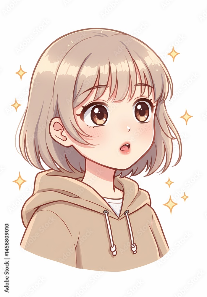 Poster expressive anime-style girl with a surprised expression, sparkling elements and soft pastel palette 
