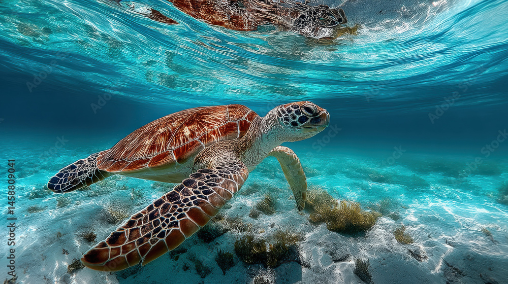 Poster A majestic sea turtle gracefully glides through crystal-clear turquoise waters, its shell reflecting the sunlight filtering through the ocean's surface.