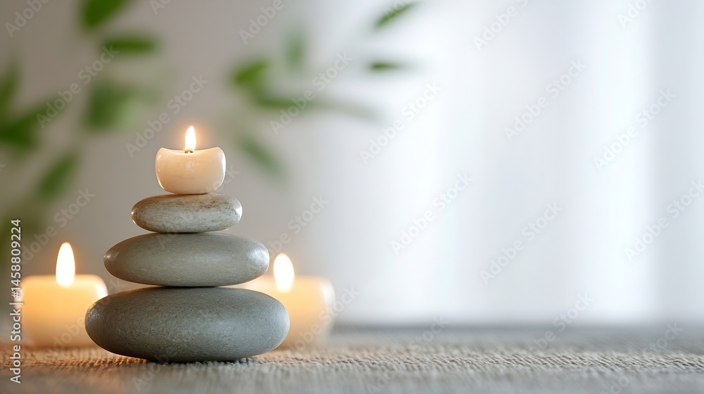Poster serene spa scene featuring a lit candle atop a balanced stack of grey stones, with additional candle