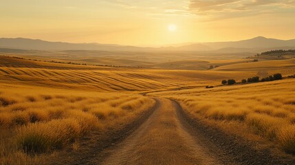 Naklejka premium Golden Hour Countryside: A Serene Sunset Landscape
