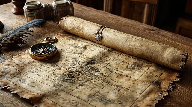 Ancient treasure map on wooden table with compass