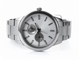 Silver wristwatch featuring a round face, metal band, and two sub-dials on a white background