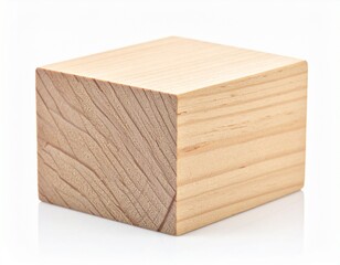 Simple wooden cube shows wood grain detail, cut pattern, & sharp edges, on white backdrop