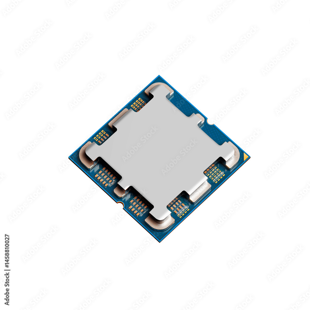 Poster blue square microchip module is displayed close-up, revealing its contact pads and precision electro