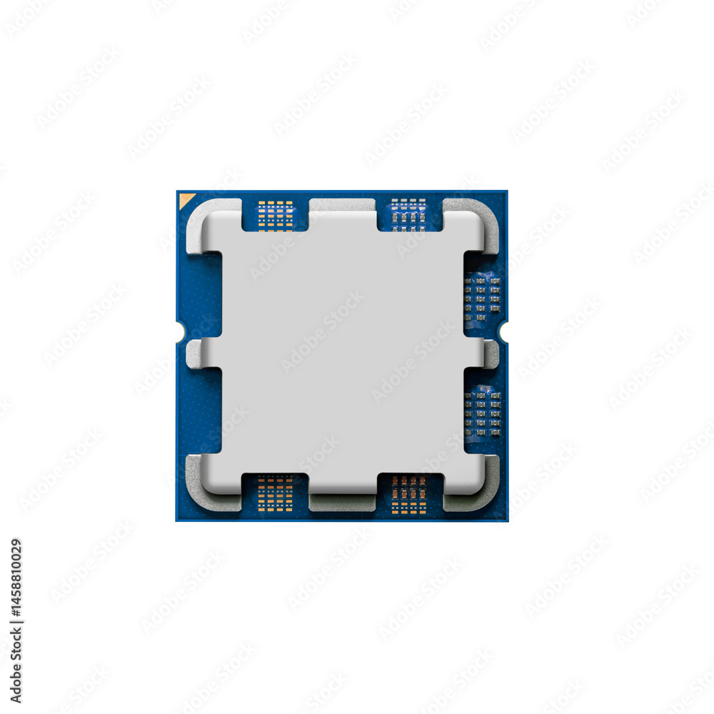 Poster blue square microchip module is displayed close-up, revealing its contact pads and precision electro