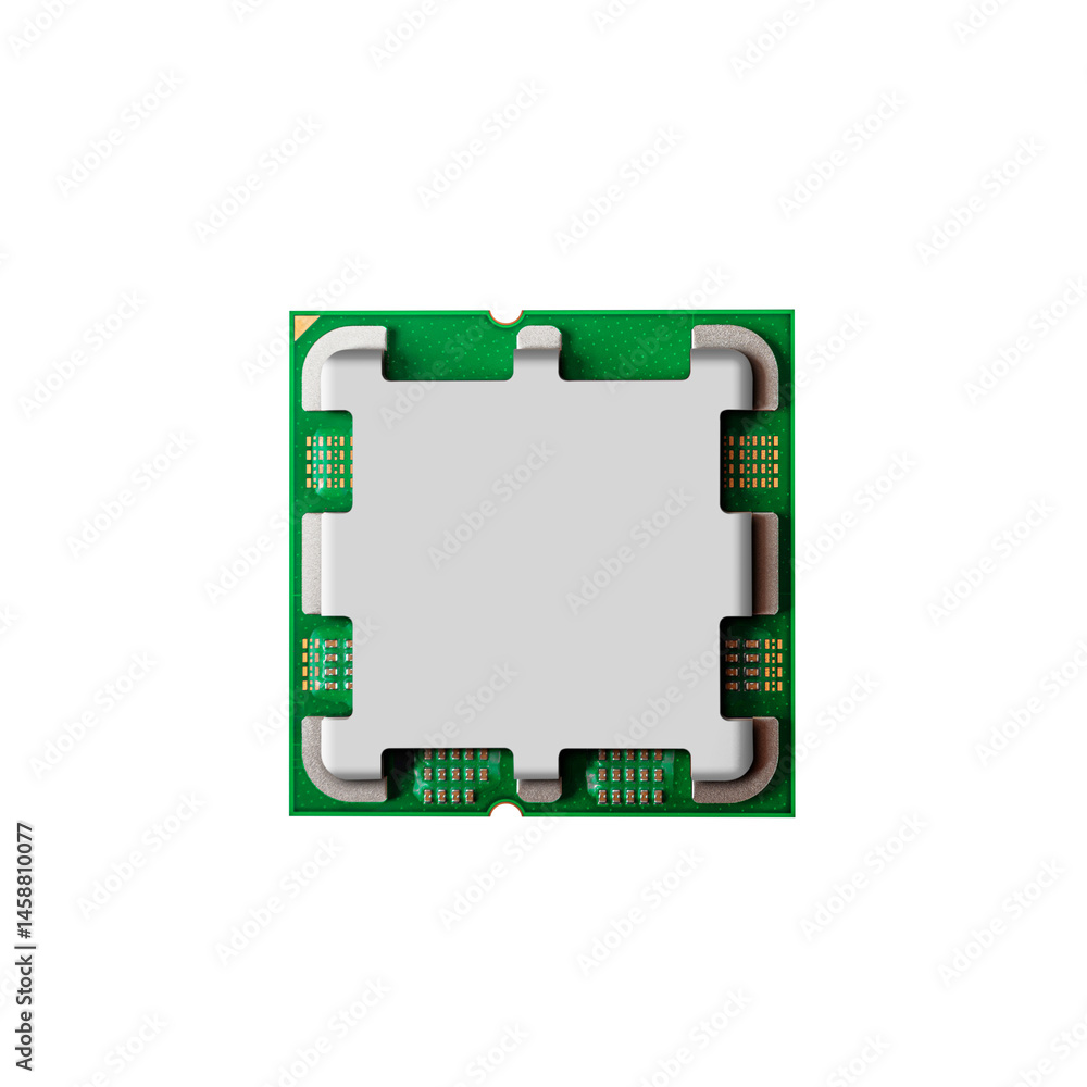 Poster square green microchip module showing its intricate circuitry and contact pads on a white background