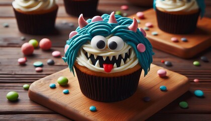 Monster Cupcake – Cupcake shaped monster with frosting hair an
