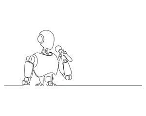 One line drawing of a robot singing into a microphone with emotion, futuristic humanoid performer art, minimalistic style for scifi, music, and technology concepts.