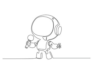 One line drawing of a cute robot holding a microphone, performing or speaking, minimalistic cartoon style for futuristic, technology, and kids' content.