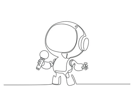 One line drawing of a cute robot holding a microphone, performing or speaking, minimalistic cartoon style for futuristic, technology, and kids' content.