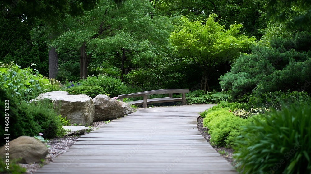 Poster serene garden path with wooden bench, leading through lush greenery and large rocks, creating a peac