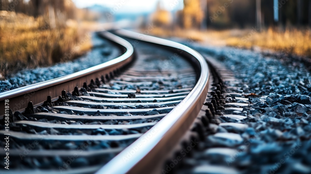 Poster close-up view of a curving railway track, steel rails, and gravel ballast, extending into a blurred 