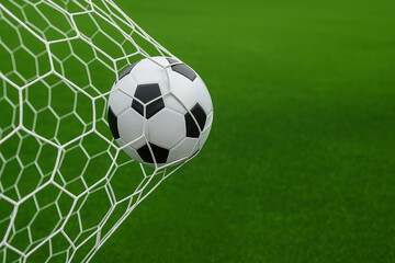 Soccer Ball in Goal Net, Green Field Background, Scoring Concept