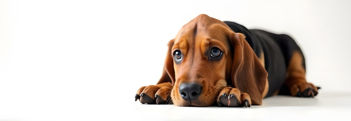 A charming Dachshund lies comfortably on a pristine white studio backdrop, showcasing its signature elongated body and short legs. This professional minimalist portrait captures the breed's alert