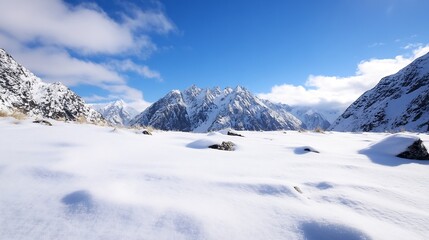 Majestic snow-capped mountains rise under a vibrant blue sky, their peaks piercing through fluffy white clouds.  A pristine blanket of snow covers the foreground, undisturbed except fo : Generative AI