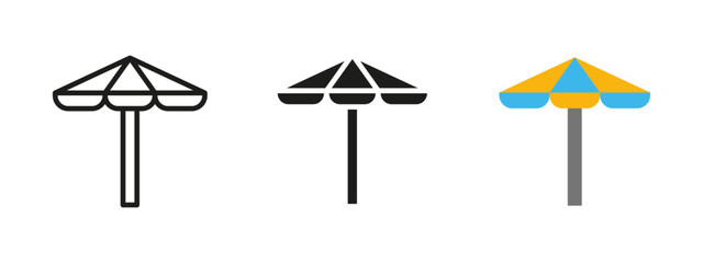 Beach umbrella icon. Vector illustration of a sunshade on the sand. Summer vacation and seaside relaxation symbol. Travel and tourism pictogram for outdoor leisure.