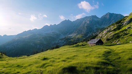 Fototapeta premium Secluded stone cabin nestled in a vibrant green alpine meadow, majestic mountain range backdrop under a clear blue sky. : Generative AI