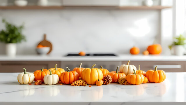 Autumnal Pumpkin Display on Modern Kitchen Counter