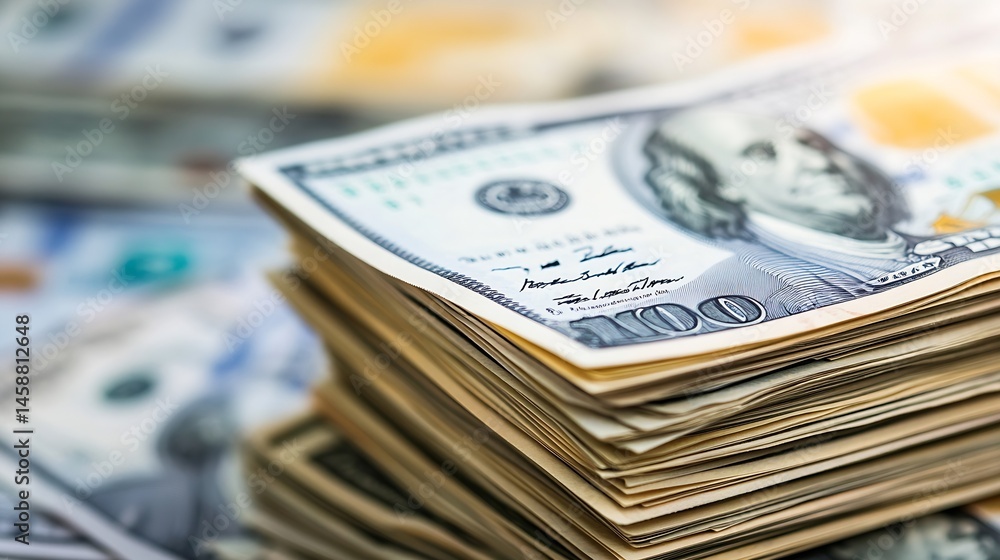 Poster close-up view of a large stack of one hundred dollar bills, showcasing the intricate details of the 