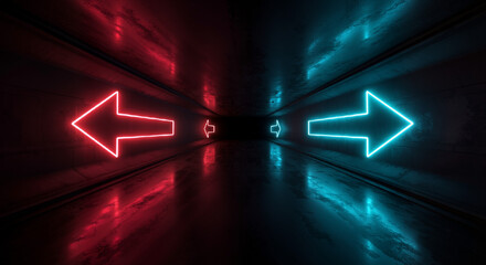 Neon Arrows Indicating Direction in a Dark Corridor  