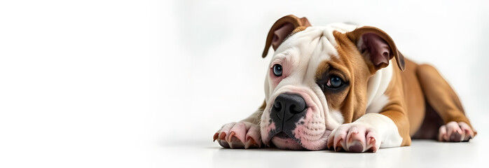 A quintessential English Bulldog rests majestically on a pristine white studio backdrop, its signature wrinkles and stocky build perfectly captured. This professional portrait highlights the breed's