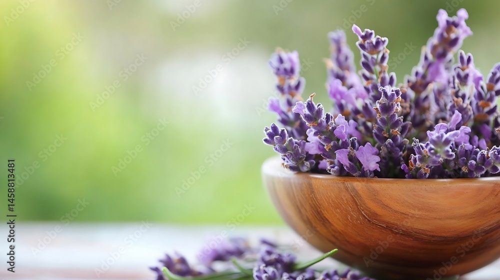 Poster a wooden bowl filled with fragrant lavender blossoms sits on a blurred green background, creating a 
