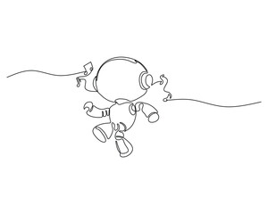 Obraz premium Continuous line art of a cute robot singing into a microphone, floating or jumping joyfully, symbolizing creativity, music, entertainment, innovation, technology, and AI celebration.