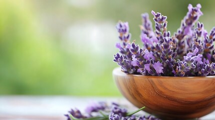 Fototapeta premium A wooden bowl filled with fragrant lavender blossoms sits on a blurred green background, creating a serene and calming image perfect for spa or aromatherapy themes. : Generative AI