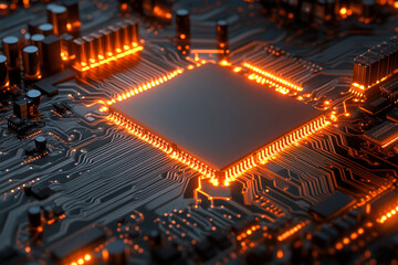 Close-up view of illuminated circuit board with glowing pathways representing modern high-tech electronic infrastructure