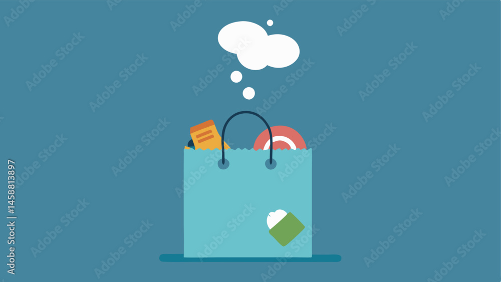 Poster shopping bag with empty thought bubble a shopping bag with a few items spilling out accompanied by a