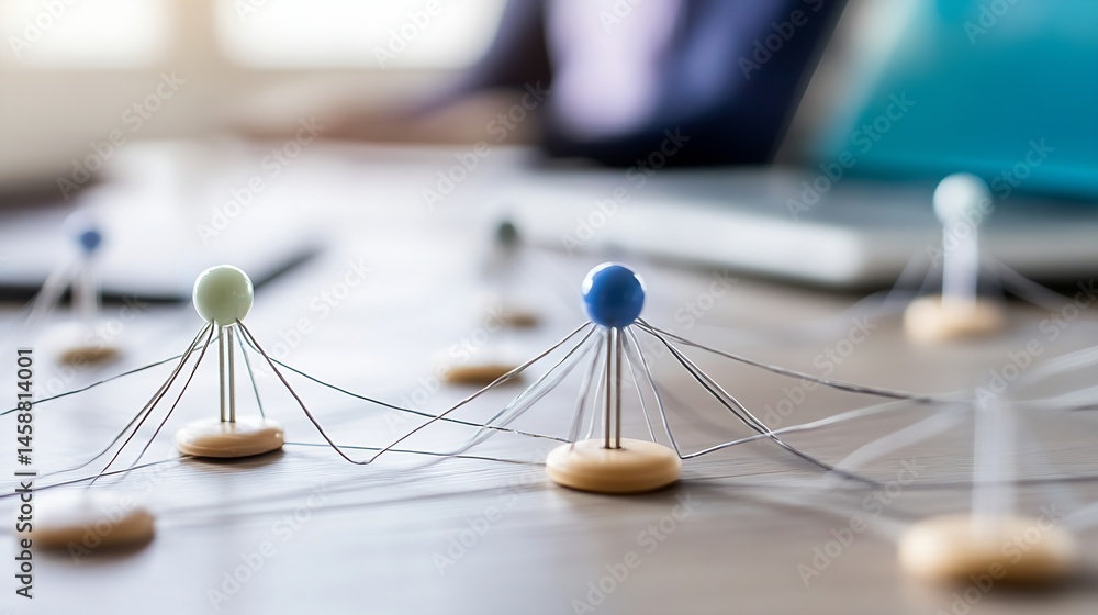 Poster Abstract network connection visualization using small spheres and wires on a wooden table, shallow depth of field, blurred background with a person working on a laptop. : Generative AI