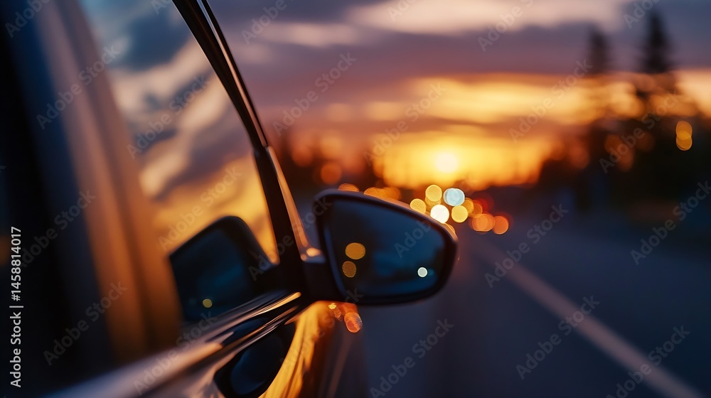 Poster close-up view of a car's side mirror reflecting a vibrant sunset and blurred city lights, creating a