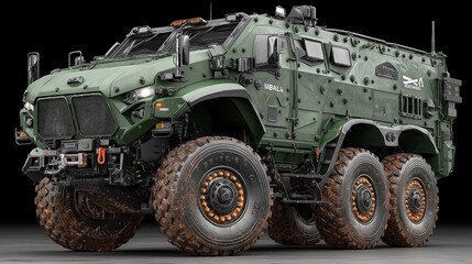 Heavy-duty military vehicle with matte green finish and combat-ready tires, realistic 3D rendering, transparent background