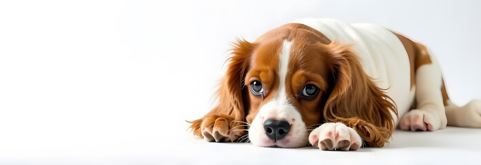 A beautiful Cavalier King Charles Spaniel lies peacefully on a pristine white studio backdrop, showcasing its silky feathered coat and sweet expression. This charming minimalist portrait captures the