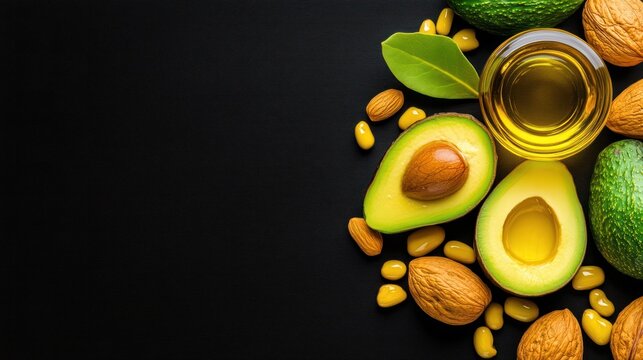 Avocado oil almonds walnuts corn kernels healthy food image