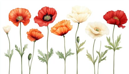 Fototapeta premium Red Orange Cream Poppies on White Background Floral Illustration
