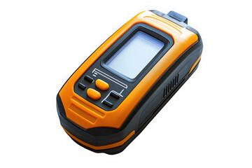 Close up shot of an orange and black handheld electronic device on black background